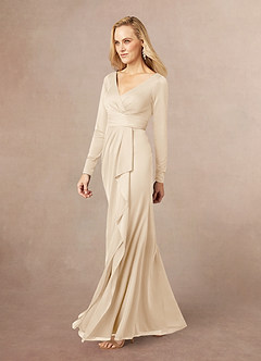 Azazie Risa Mother of the Bride Dresses Champagne Mermaid V-Neck Pleated Mesh Dress image2