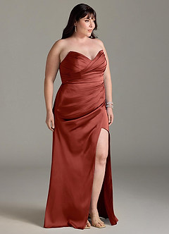 Azazie Yola Bridesmaid Dresses Terracotta Sheath V-Neck Pleated Stretch Satin Convertible Dress image12
