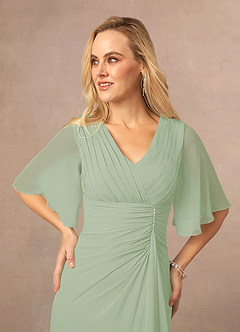 Azazie Carson Mother of the Bride Dresses Dusty Sage A-Line V-Neck Lace Chiffon Dress image4