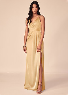 Azazie Aqua Bridesmaid Dresses Gold A-Line V-Neck Pleated Stretch Satin Dress image1