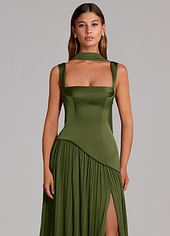 Azazie Stephanie Bridesmaid Dresses Olive A-Line Pleated Stretch Satin Dress image6