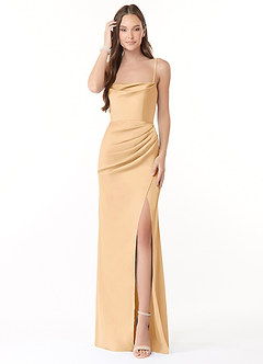 Azazie Leonis Bridesmaid Dresses Gold Mermaid Pleated Stretch Satin Convertible Dress image2