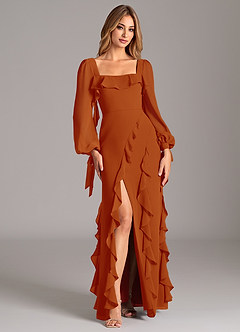 Azazie Candice Vestidos de damas de honor Vestido de Pimenton de Gasa de Corte en A con Manga larga image5