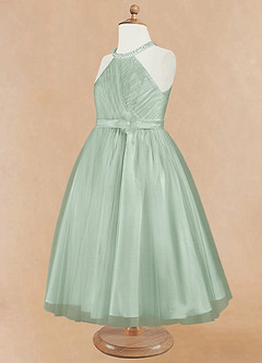 Azazie Honey Blumenmädchenkleider A-Linie Mit Perlen Matte Satin Kleid Agave image8