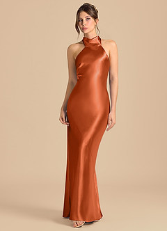 Azazie Velli Robes de demoiselle d'honneur Robe Fourreau en Satiné métallisé Col Haut Orange Brûlée image4