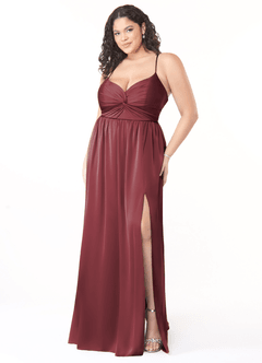 Azazie Raya Bridesmaid Dresses Merlot A-Line V-Neck Pleated Stretch Satin Dress image9