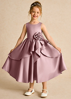 Azazie Hermia Robe Demoiselle D'honneur Fillette Robe Trapèze en Mat Satiné Sans manches Rose Poussiéreuse image1
