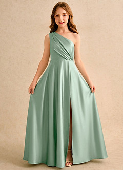 Azazie Puddles Girls Formal Abiti da Ragazza di Fiori Abito A-Line in Raso Elasticizzato Monospalla Agave image5