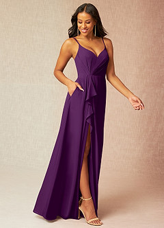 Azazie Kyedae Robes de demoiselle d'honneur Robe Trapèze en Mousseline de soie Col V plissé Grain De Raisin image3
