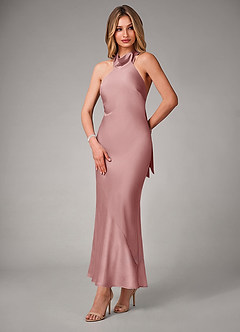 Azazie Velli 신부 들러리 드레스 쉬스 하이넥 스트레치 새틴 발목 길이 드레스 image3