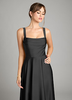 Azazie Shaude Bridesmaid Dresses Black A-Line Pleated Stretch Satin Dress image3