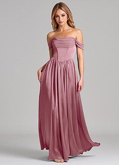 Azazie Raisa Bridesmaid Dresses Vintage Mauve A-Line Off the Shoulder Stretch Satin Dress image3