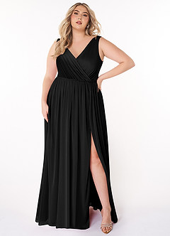 Azazie Tanicia Vestidos de damas de honor Vestido de Negro de Malla de Corte en A con Cuello de pico plisado image5