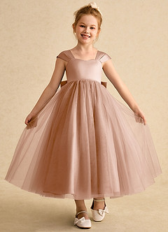 Azazie Chickadee Abiti da Ragazza di Fiori Abito Principessa in Raso Opaco Scollo a Cuore Champagne Rosa image4