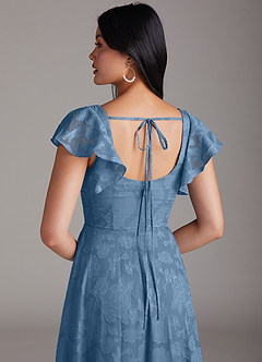 Azazie Bondi Bridesmaid Dresses Steel Blue A-Line Ruched Floral Burnout Dress image2