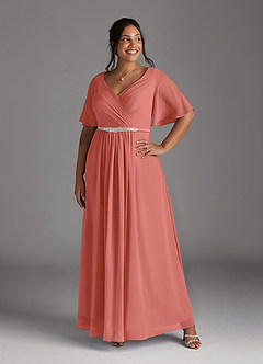 Azazie Tricia Mother of the Bride Dresses Salmon Pink A-Line V-Neck Pleated Chiffon Dress image3