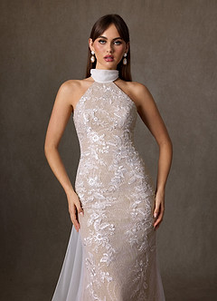 Azazie Kaiyana Abiti da Sposa Abito Tubino in Pizzo Collo Alto Diamante Bianco Nudo image6