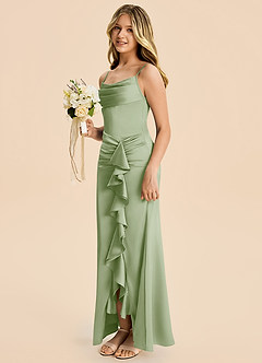 Azazie Rosalia Junior Vestido de Salvia Polvorienta de Satén Elástico de Corte Recto con Plisado image3