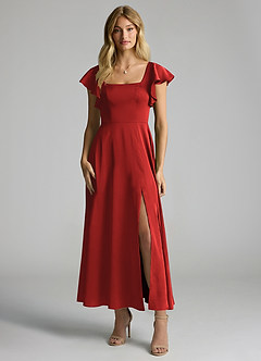 Azazie Bondi Bridesmaid Dresses Pomegranate A-Line Ruched Stretch Satin Dress image4
