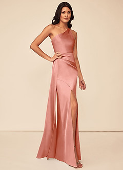 Azazie Maron Bridesmaid Dresses Coral A-Line One Shoulder Stretch Satin Dress image3