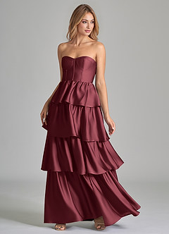 Azazie Faye Bridesmaid Dresses Merlot A-Line Ruched Stretch Satin Dress image6