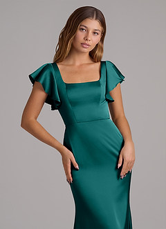 Azazie Elkie Robes de demoiselle d'honneur Robe Sirène en Satin extensible Col Carré Paon image6