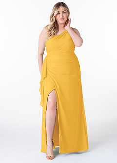 Azazie Maive Bridesmaid Dresses Marigold Sheath Pleated Ruffle Chiffon Dress image7