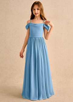 Azazie Shia Girls Formal vestidos de niña de las flores Vestido Azul Acero de Gasa de Corte en A con Hombros descubiertos image3