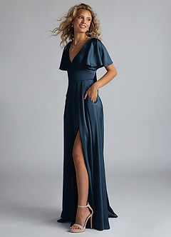 Azazie Kimber Brautjungfernkleider A-Linie Gestreift Stretch-Satin Kleid Dunkelmarine image6