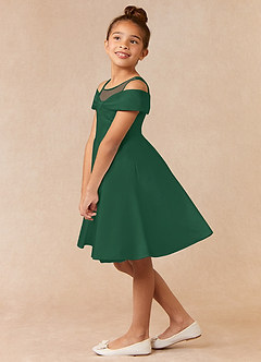Azazie Shirin Robe Demoiselle D'honneur Fillette Robe Trapèze en Mat Satiné Épaule décolletée Vert Foncé image2