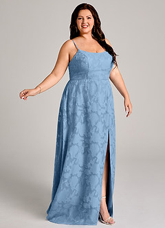 Azazie Moira Vestidos de damas de honor Vestido de Azul Acero de Devorado Floral de Corte en A con Corte Lateral image9