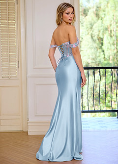 Minicom Bleu Ciel Robe de bal sirène en satin stretch brodé de sequins image4