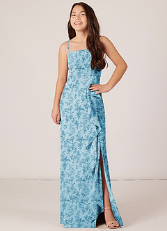 Azazie Kaylee Junior Blue Fern Floral A-Line with Belt Chiffon Dress image4