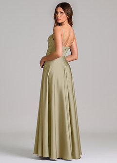 Azazie Amani Bridesmaid Dresses Moss Green A-Line Pleated Stretch Satin Dress image2