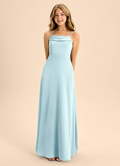 Azazie Anselie Junior Cloud Blue A-Line Off the Shoulder Stretch Satin Dress image4
