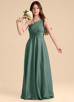 Azazie Charlize Junior Jurk van Stretch Satijn met A-Lijn Geplooid Eucalyptus image6