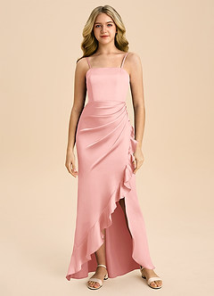 Azazie Buzzy Junior Powder Pink Sheath Pleated Stretch Satin Dress image3
