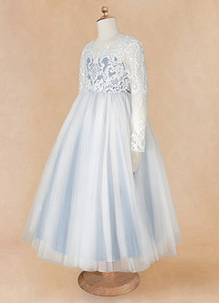Azazie Elodie Flower Girl Dresses Ivory Dusty Blue Ball-Gown Lace Dress image12