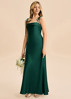 Azazie Willa Junior Emerald A-Line Bow Stretch Satin Dress image5