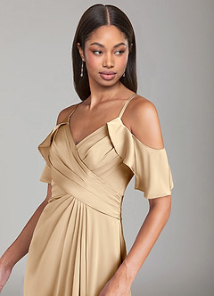 Azazie Dakota Bridesmaid Dresses Champagne A-Line Off the Shoulder Stretch Satin Dress image5