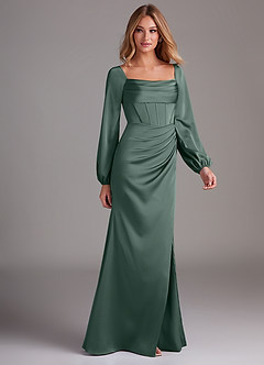 Azazie Charissa Bridesmaid Dresses Sea Moss Sheath Long Sleeve Stretch Satin Dress image6