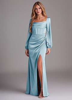 Azazie Charissa Robes de demoiselle d'honneur Robe Fourreau en Satin extensible Manche longue Bleu Ciel image4