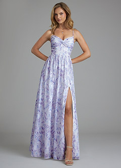 Azazie Zeya At-home Try On Dresses Lilac Watercolor Floral A-Line Watercolor Floral Dress image4