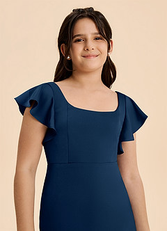 Azazie Demi Junior Vestido de Azul Marino Oscuro de Satén Elástico de Corte en A con Lazo image6