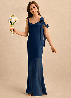 Azazie Kai Girls Formal Abiti da Ragazza di Fiori Abito Tubino in Raso Elasticizzato Plissettato Marino Scuro image3