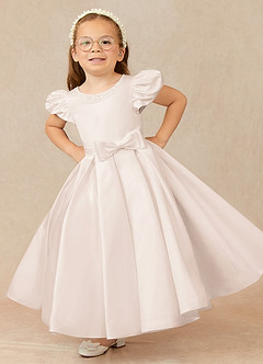 Azazie Jewel Flower Girl Dresses Rose Petal Ball-Gown Pleated Matte Satin Dress image1