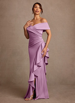 Azazie Kirsty Mère de la mariée Robes Robe Fourreau en Satin extensible Épaule décolletée Glycine image3