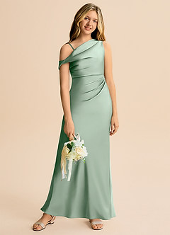 Azazie Emerson Junior Agave Sheath Off the Shoulder Stretch Satin Dress image5