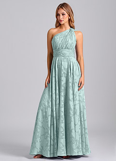 Azazie Charlize Bridesmaid Dresses Mist A-Line One Shoulder Floral Burnout Dress image1