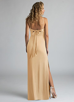 Azazie Mai Bridesmaid Dresses Gold Sheath Pleated Stretch Satin Dress image2